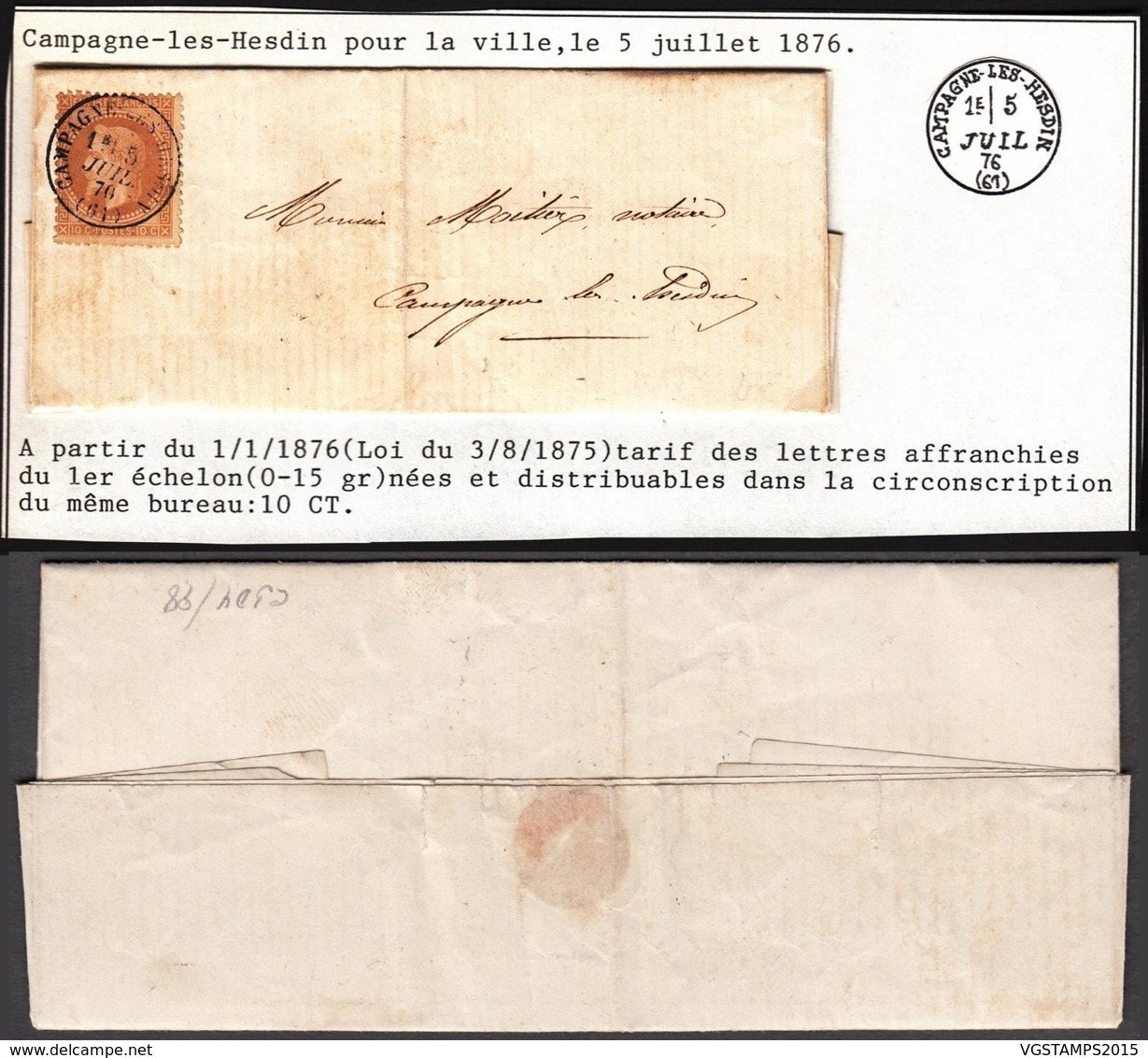 France - LAC Yv.28 De Campagne-les-Hesdin 05/07/1876 (RD100)DC5603 - 1863-1870 Napoléon III. Laure