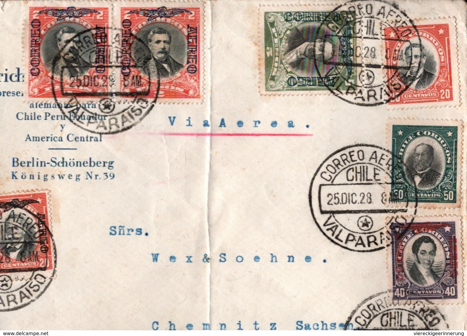 ! 1928 Chile Luftpostbrief Air Mail, Via Aerea, Valparaiso N. Chemnitz - Chili