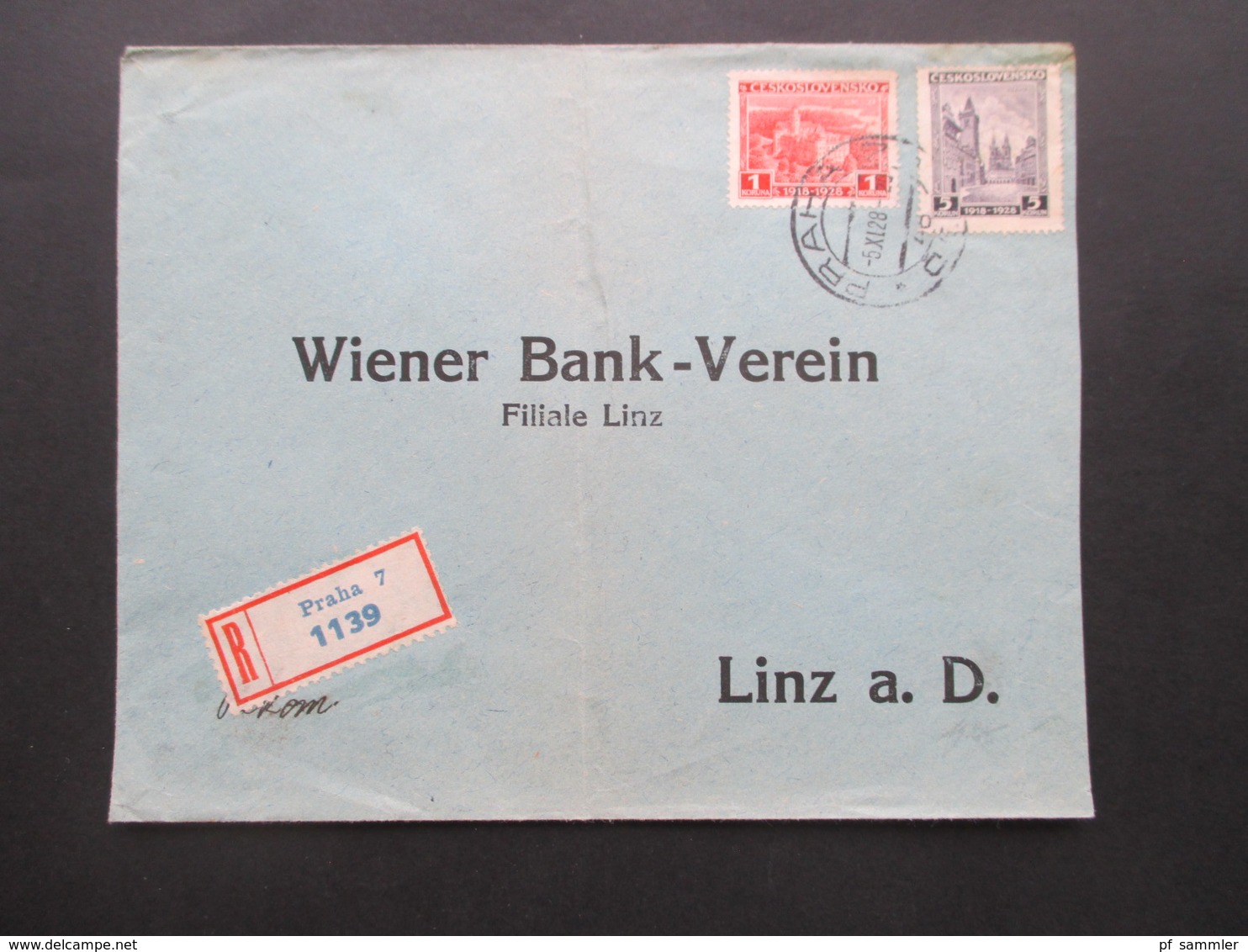 Tschechoslowakei 1928 10 Jahre Republik Nr. 271 Und 276 MiF An Den Wiener Bank Verein Filiale Linz Einschreiben Praha 7 - Covers & Documents