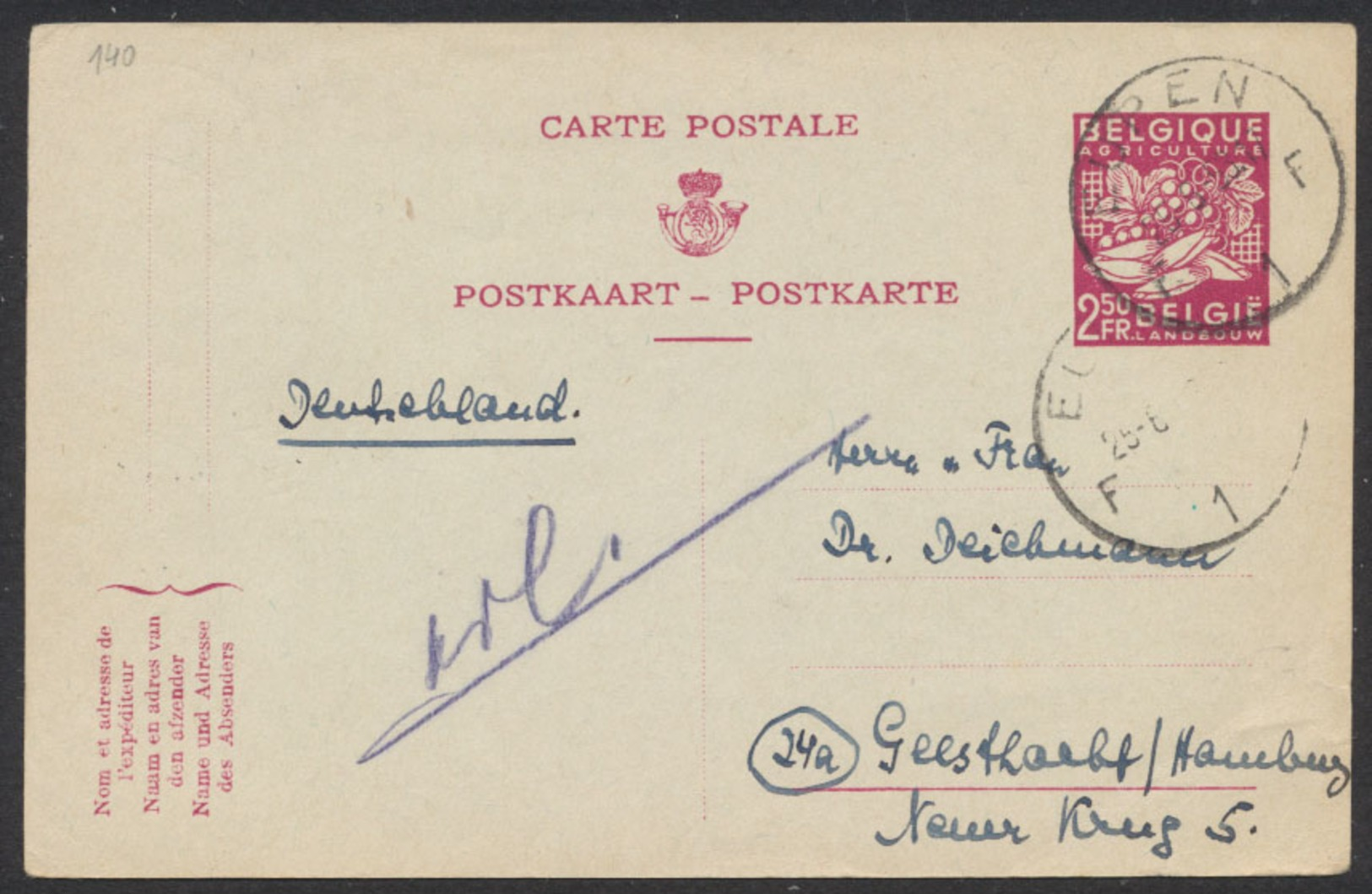 EP Au Type 2F50 Lilas Type Exportation De 3 De Eupen (1953) Vers L'Allemagne. Texte Au Verso - Postcards 1951-..