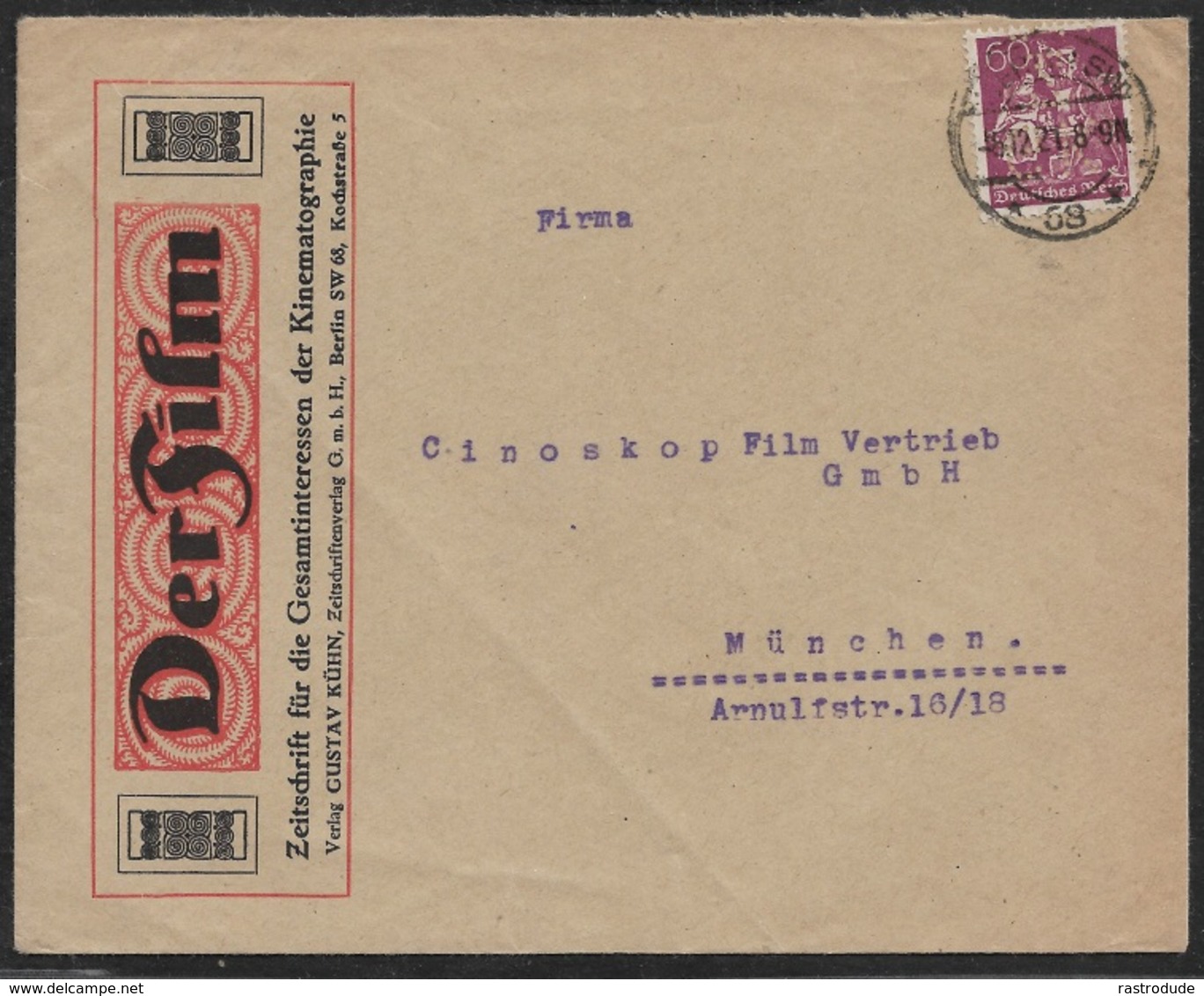 1921 - Dt.Reich EF 60Pf Mi.165 LOCHUNG PERFIN. ILLUSTRIERTER UMSCHLAG DER FILM - Lettres & Documents