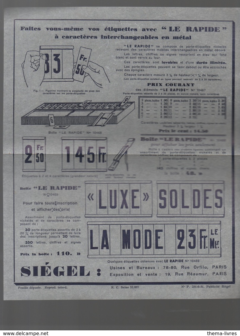 Paris-Lyon  Catalogue De Luxe SIEGEL  (étalages) Octobre 1931  (CAT 1596) - Publicités