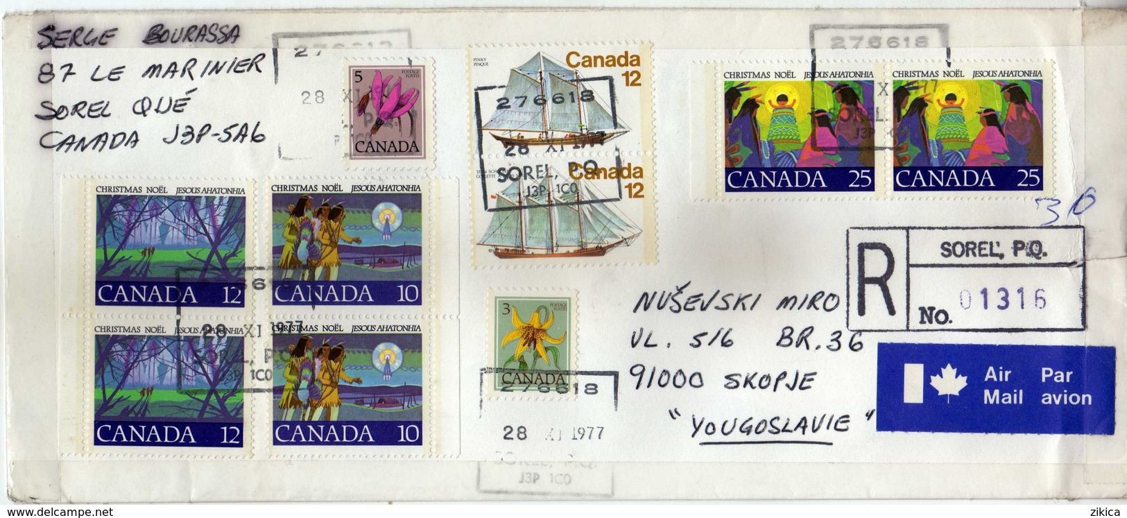 Canada Sorel Air Mail R - Letter 1977 Via Yugoslavia,Macedonia - Nice Stamps . 2 Scans - Lettres & Documents