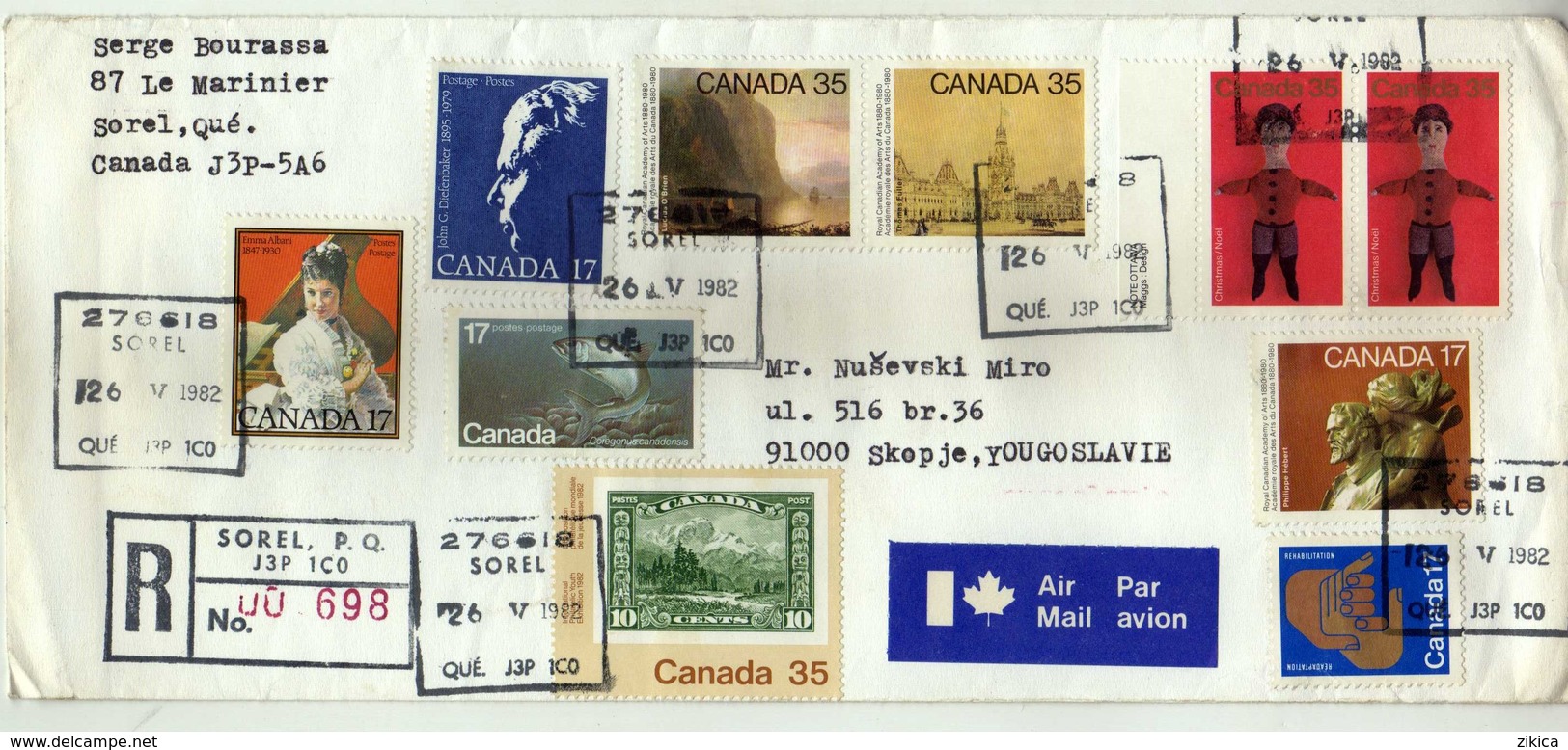 Canada Sorel Air Mail R - Letter 1982 Via Yugoslavia,Macedonia - Nice Stamps . 2 Scans - Storia Postale
