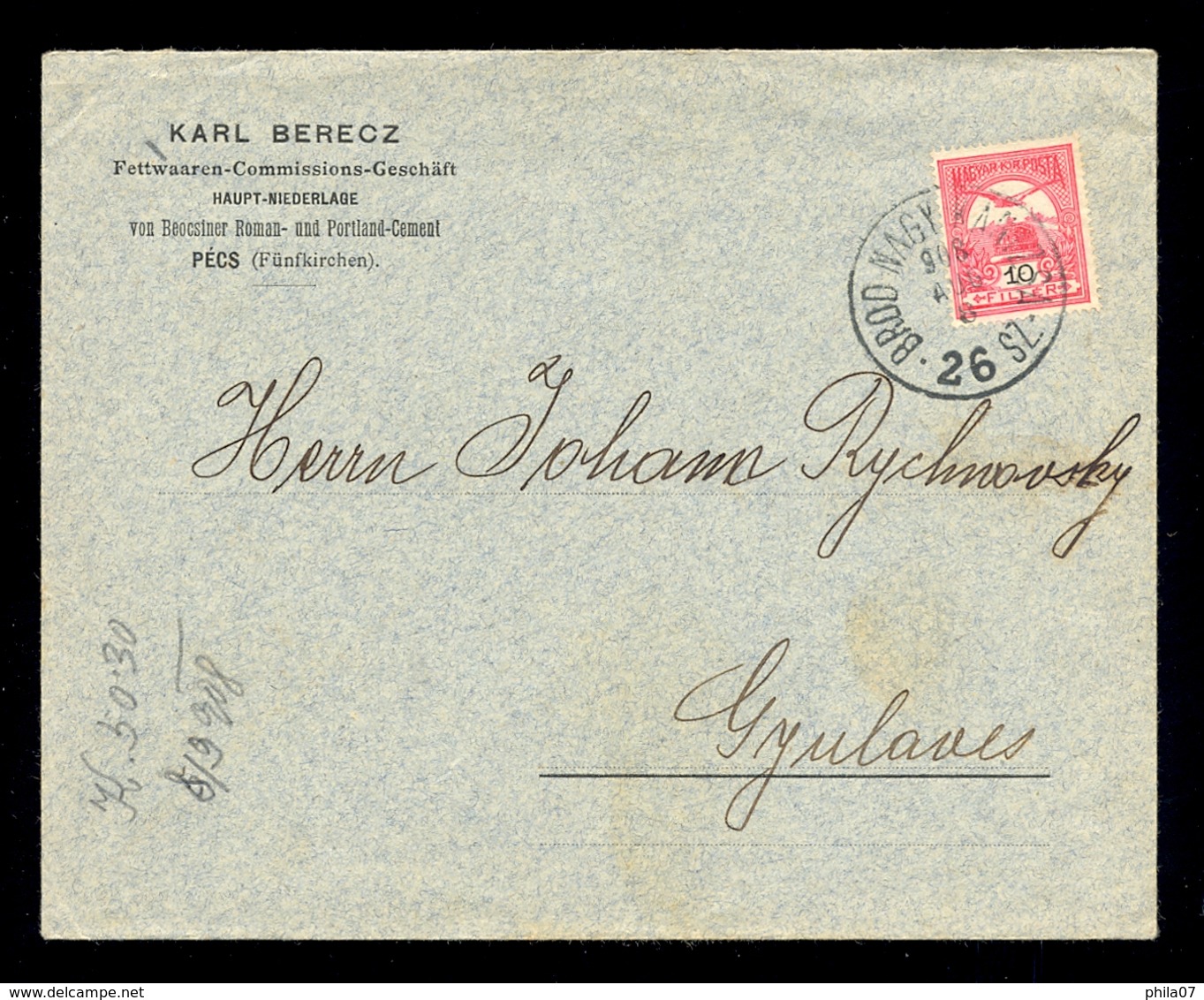 Hungary, Croatia - Letter Sent To Gjulaves Cancelled By T.P.O. BROD-NAGY KANIZSA 26 ZS, Postmark 08.08. 1908 - Andere & Zonder Classificatie