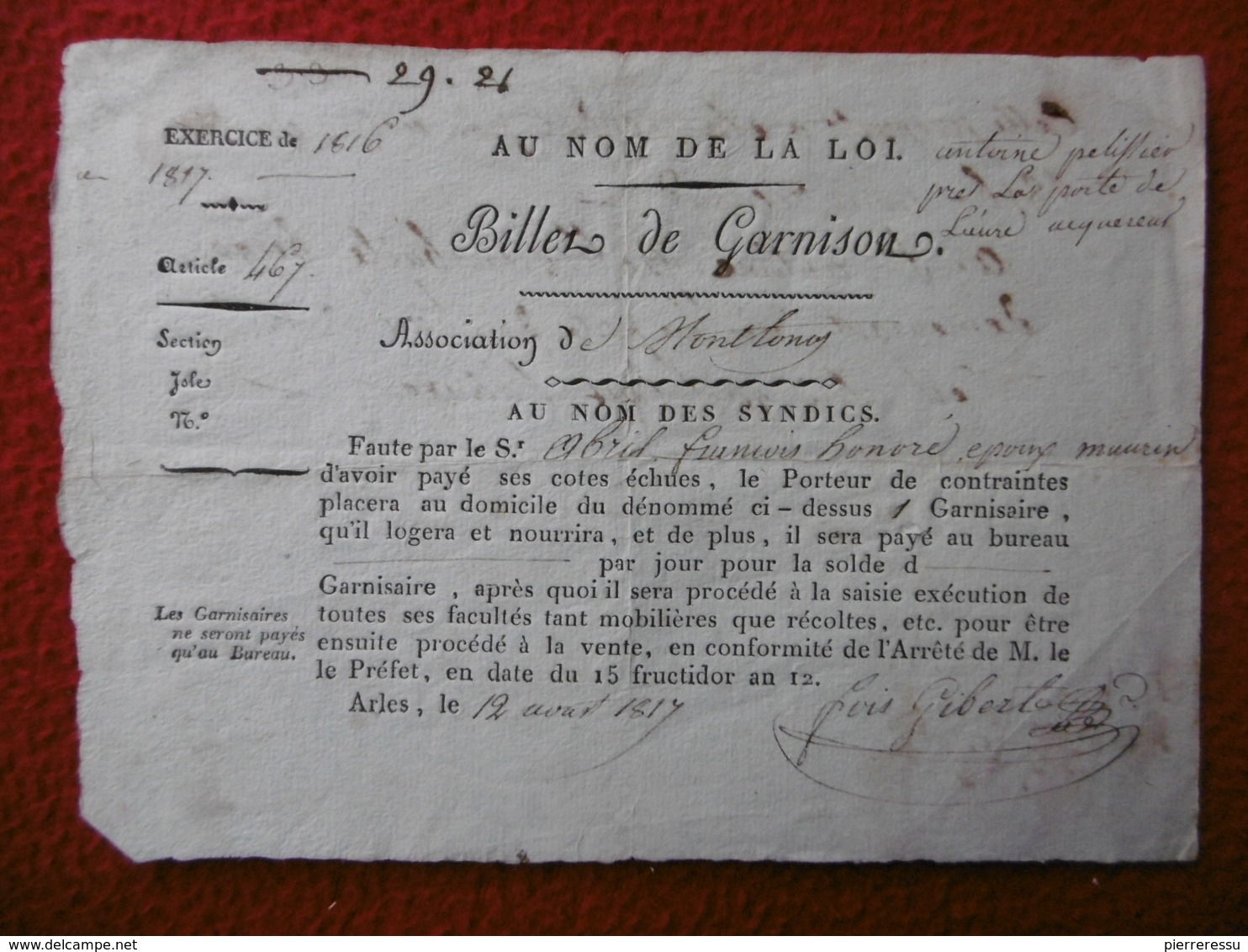 BILLET DE GARNISON ARLES 1817 - Documents Historiques