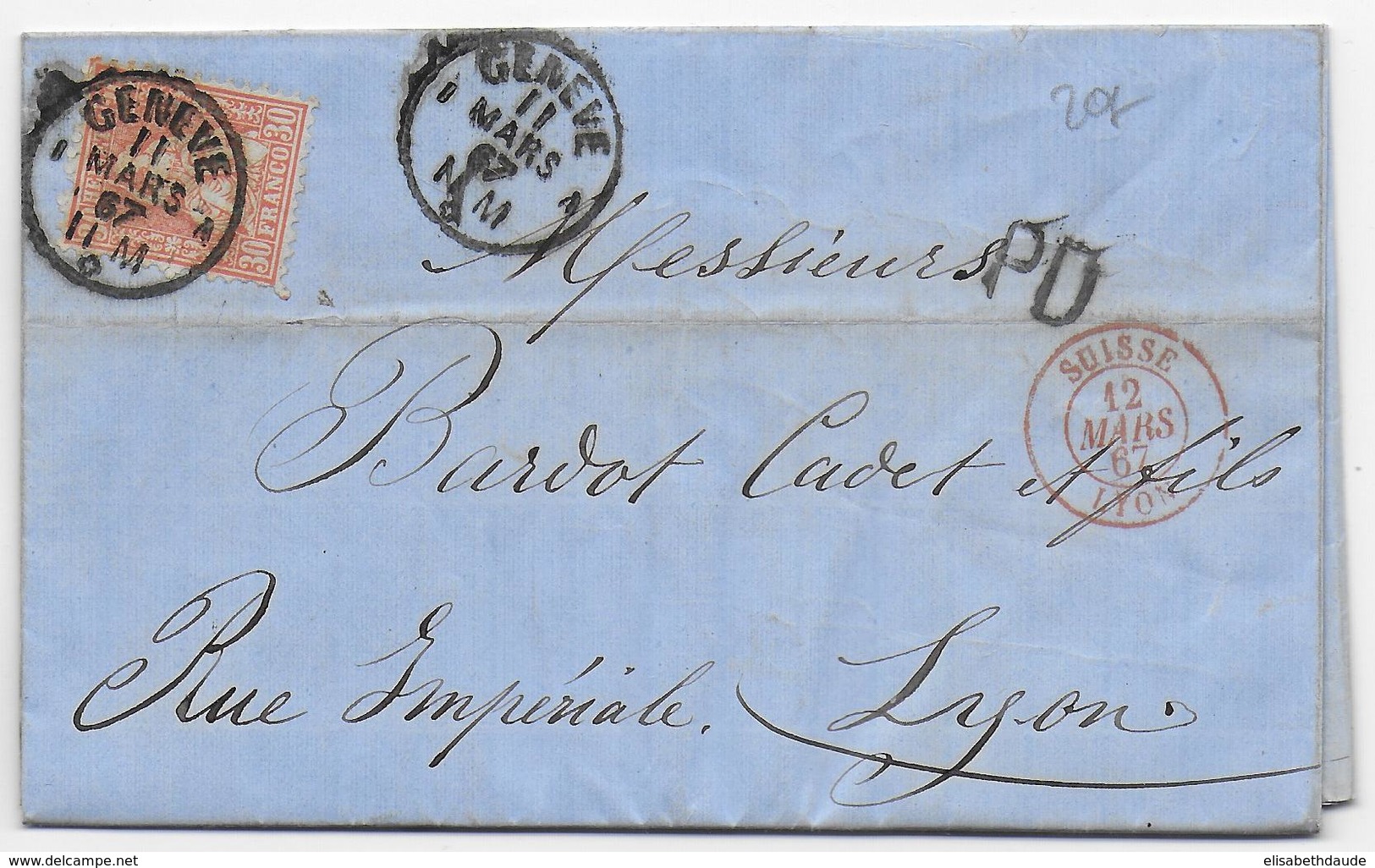 SUISSE - 1867 - Zum. 33 RARE Sur LETTRE De GENEVE => LYON Avec SUPERBE CACHET D'ENTREE - Cartas & Documentos