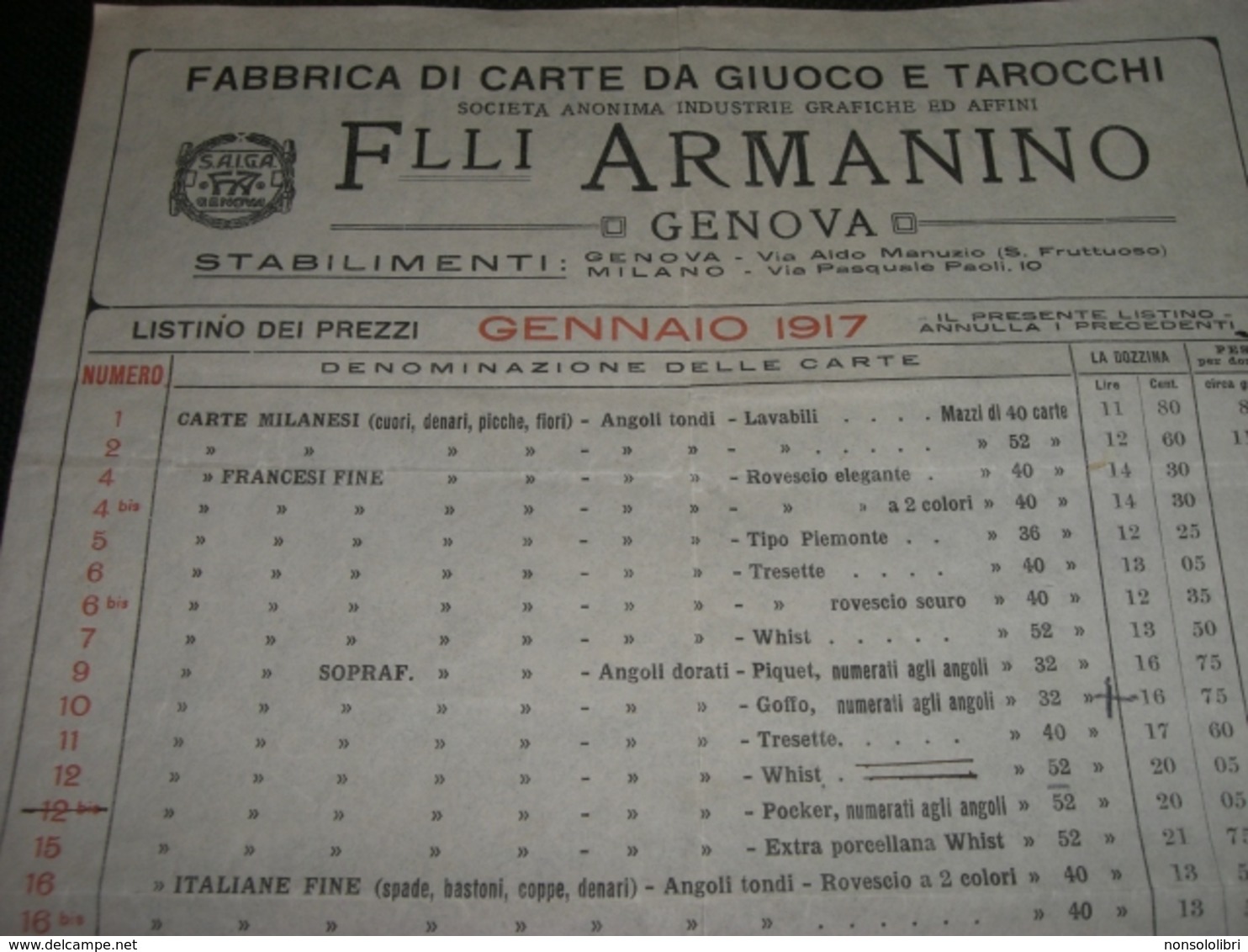 VOLANTINO FABBRICA DI CARTE DA GIUOCO E TAROCCI F.LLI ARMANINO GENOVA 1917 - Pubblicitari