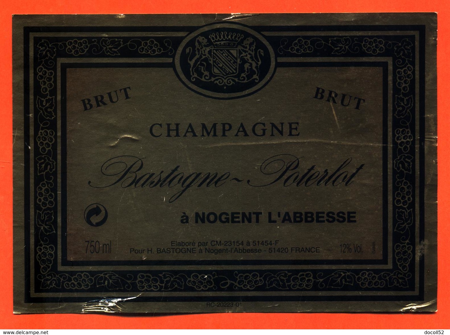 étiquette De Champagne Brut Bastogne Poterlot à Nogent L'abbesse - 75 Cl - Champagner