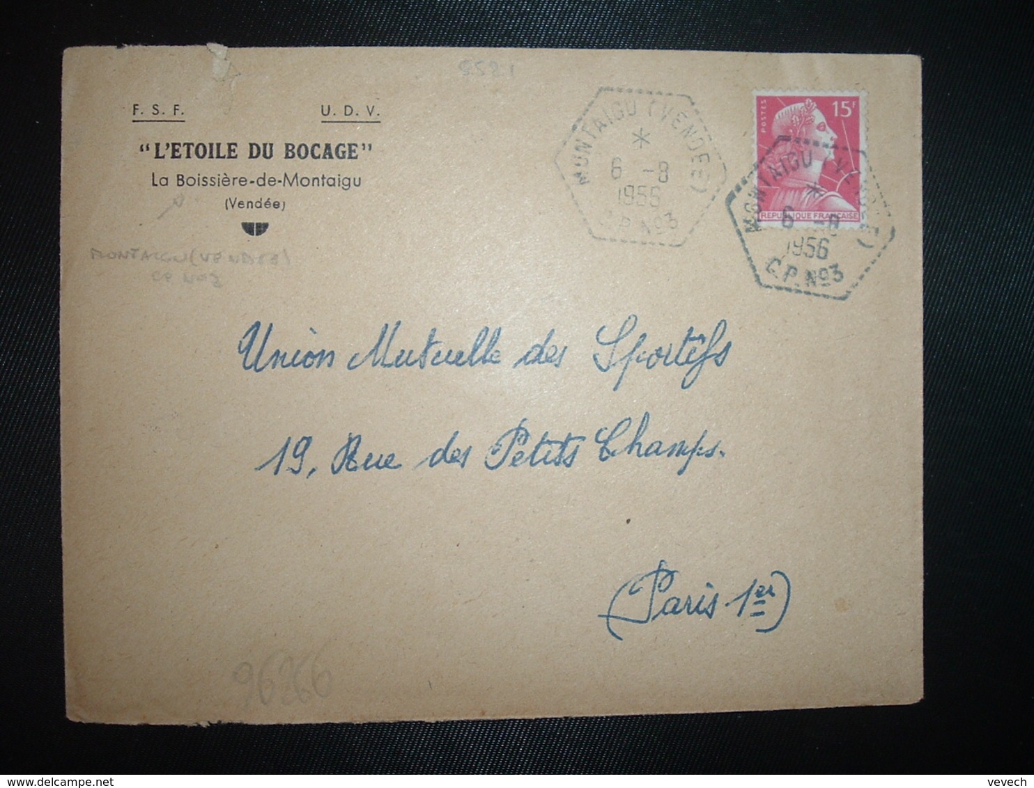 LETTRE TP M. DE MULLER 15F OBL. HEXAGONALE Tiretée 6-8 1956 MONTAIGU (VENDEE) CP N°3 (85) CORRESPONDANT - Matasellos Manuales