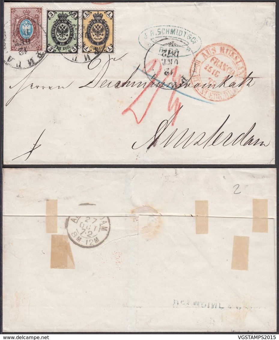 Russie - Lettre 1K+3K+10K De Riga 12/10/1872 Vers Amsterdam- Marque De Passage "Aus Russland" (RD276) DC5790 - Storia Postale