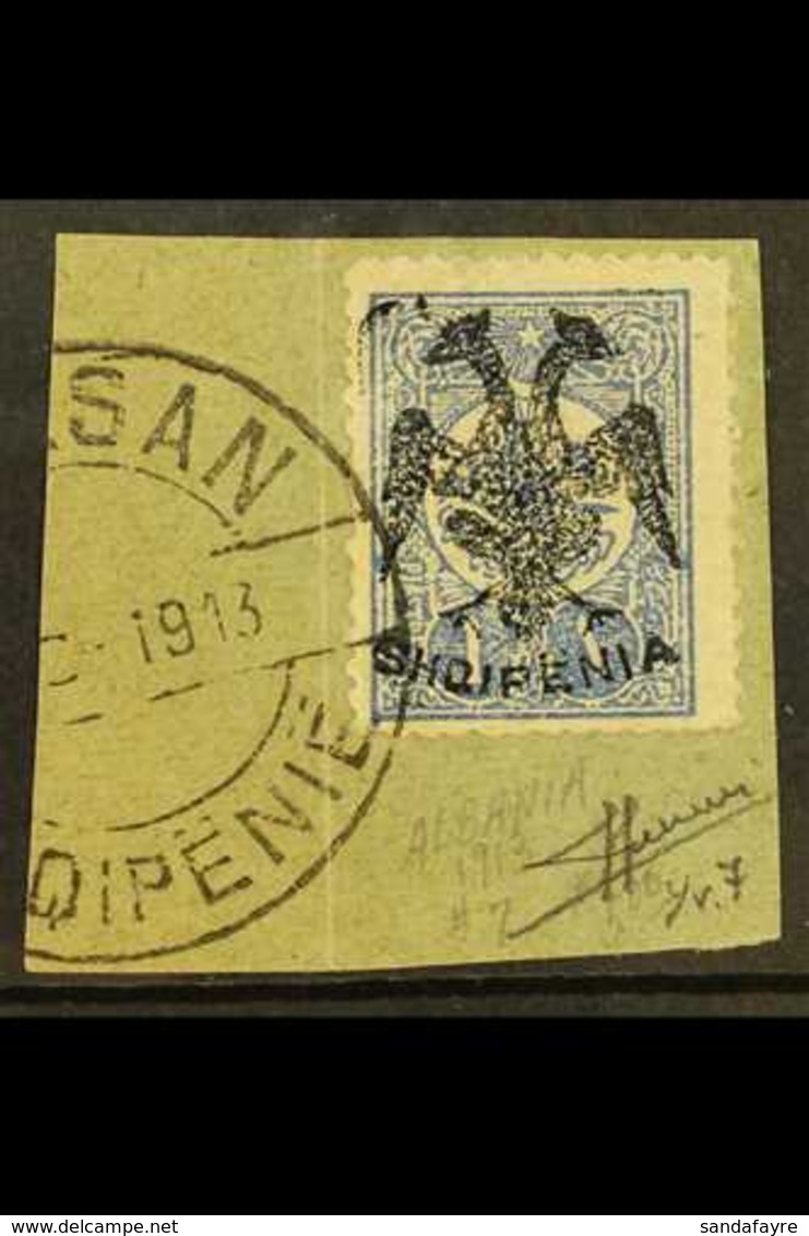 1913  1pi Ultramarine 'Double Eagle' Overprint (Michel 7, SG 7), Very Fine Used On Piece Tied By "Elbasan" Cds Cancel, E - Albanië