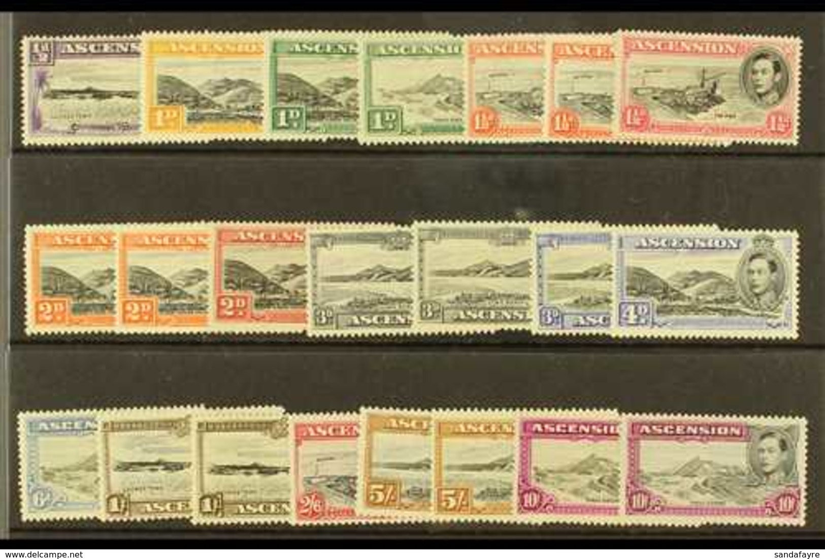 1938-53  KGVI Definitives Set Plus Additional Perfs Of 1½d Vermilion, 2d Red-orange, 3d Grey, 1s, 5s & 10s Values, SG 38 - Ascension