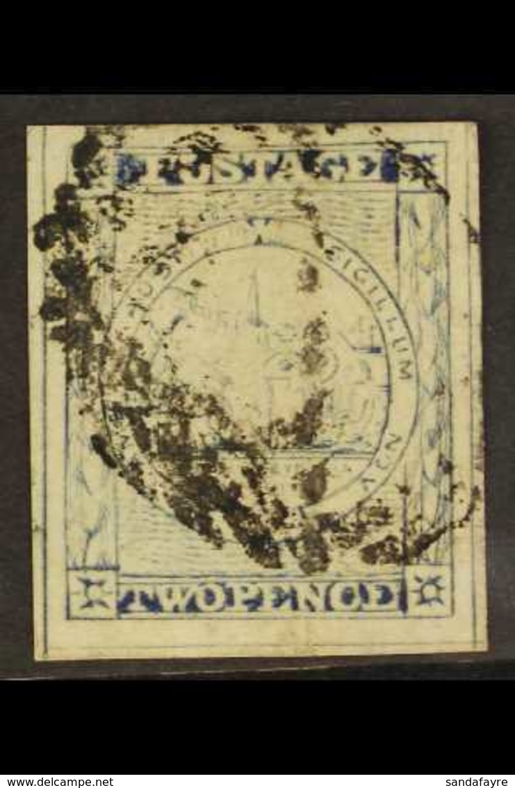 NEW SOUTH WALES  1851 2d Ultramarine Sydney View Plate IV, No Clouds, SG 33c, Four Large Margins And Barred Cancel. For  - Andere & Zonder Classificatie