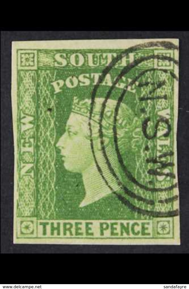 NEW SOUTH WALES  1856-60 3d Yellow-green Diadem, SG 15, Very Fine Used With 4 Margins & Queens Face Clear. For More Imag - Autres & Non Classés