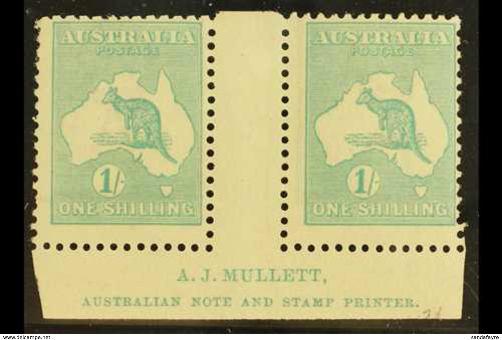 1915-27  1s Blue-green 'Roo, Die IIB, SG 40b, Lower Marginal Gutter Pair With "A.J. MULLETT" Inscription, Never Hinged M - Andere & Zonder Classificatie