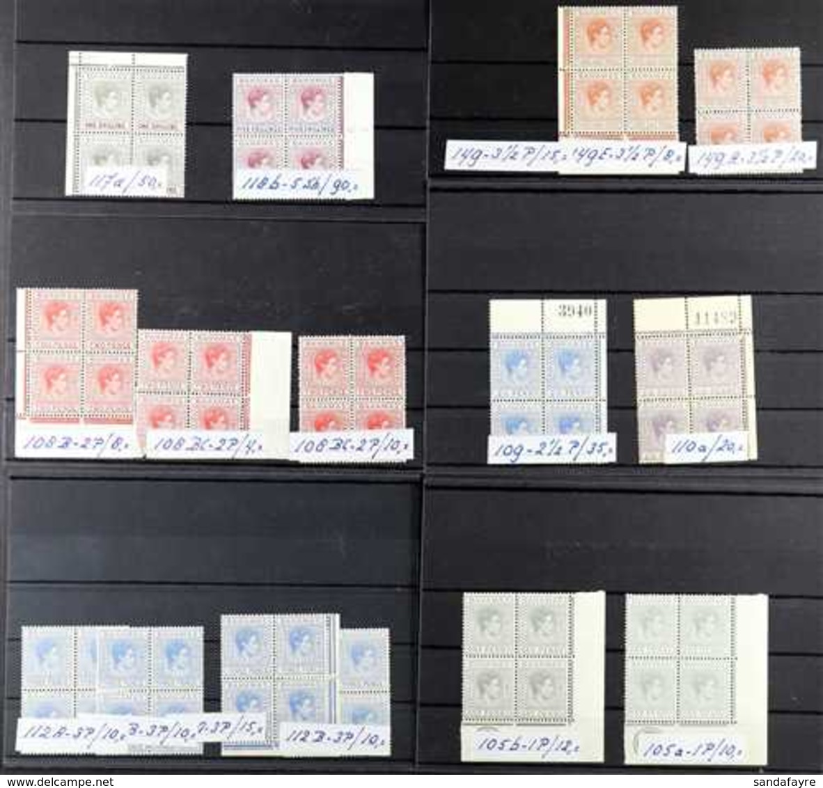 1938 - 52  Geo VI Definitive Issue, Between SG 149 - 156, Selection Of Shades With Values To 5s All In Blocks Of 4 Inclu - Andere & Zonder Classificatie