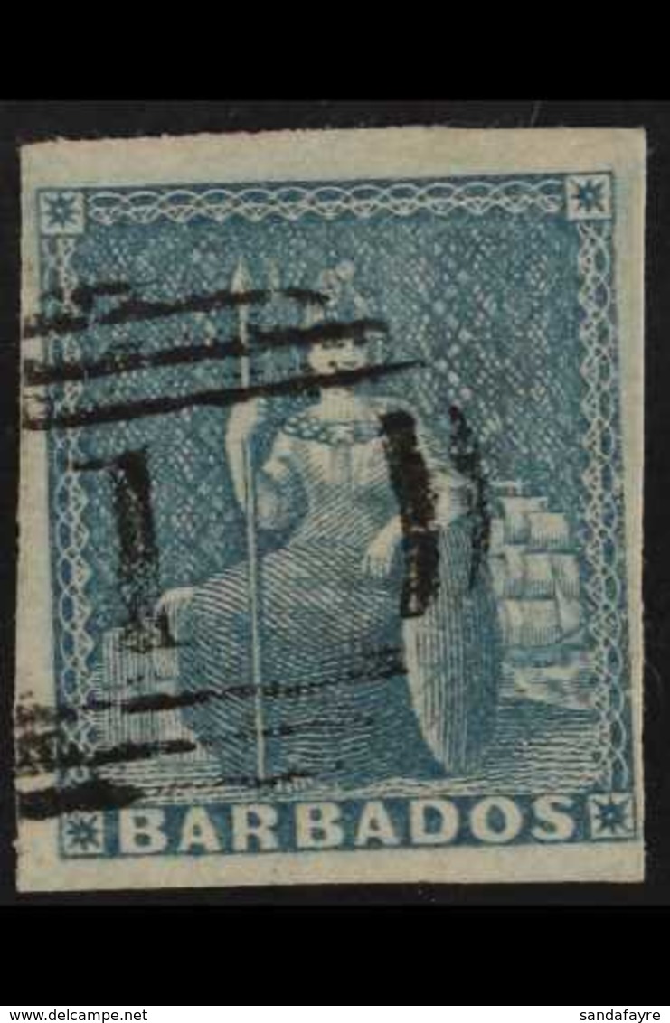 1852  (1d) Blue Britannia, SG 3, Very Fine Used With Clear To Large Margins All Round, Light "1" Barred Cancel & Good Co - Barbados (...-1966)