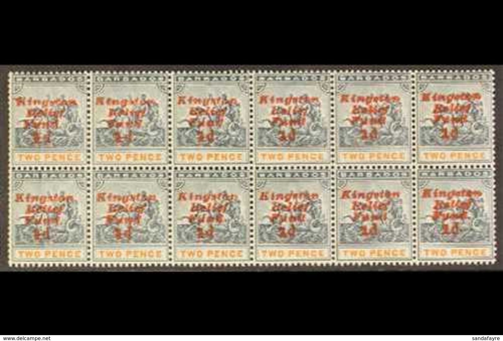 1907 MULTIPLE WITH VARIETIES  KINGSTON RELIEF FUND, PART PANE Of 12 Stamps - Fifth Setting, Ovpt Upright, With Missing S - Barbados (...-1966)