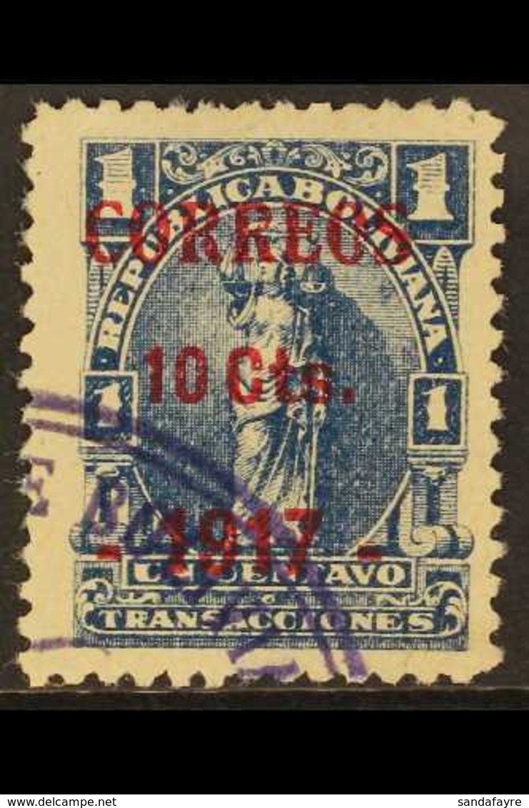1917 COBIJA PROVISIONAL.  1917 10c On 1c Blue Local Overprint Type 1 (Scott 102, SG 148c), Used With Part Of Violet Larg - Bolivië