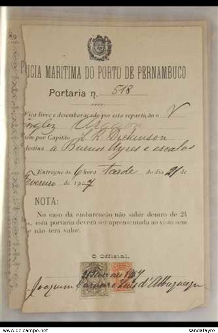 BERTHING & EMBARKATION DOCUMENTS  1907-8. An Interesting Record Of Docking At The Port Of Pernambuco, Brazil, By The Bri - Autres & Non Classés