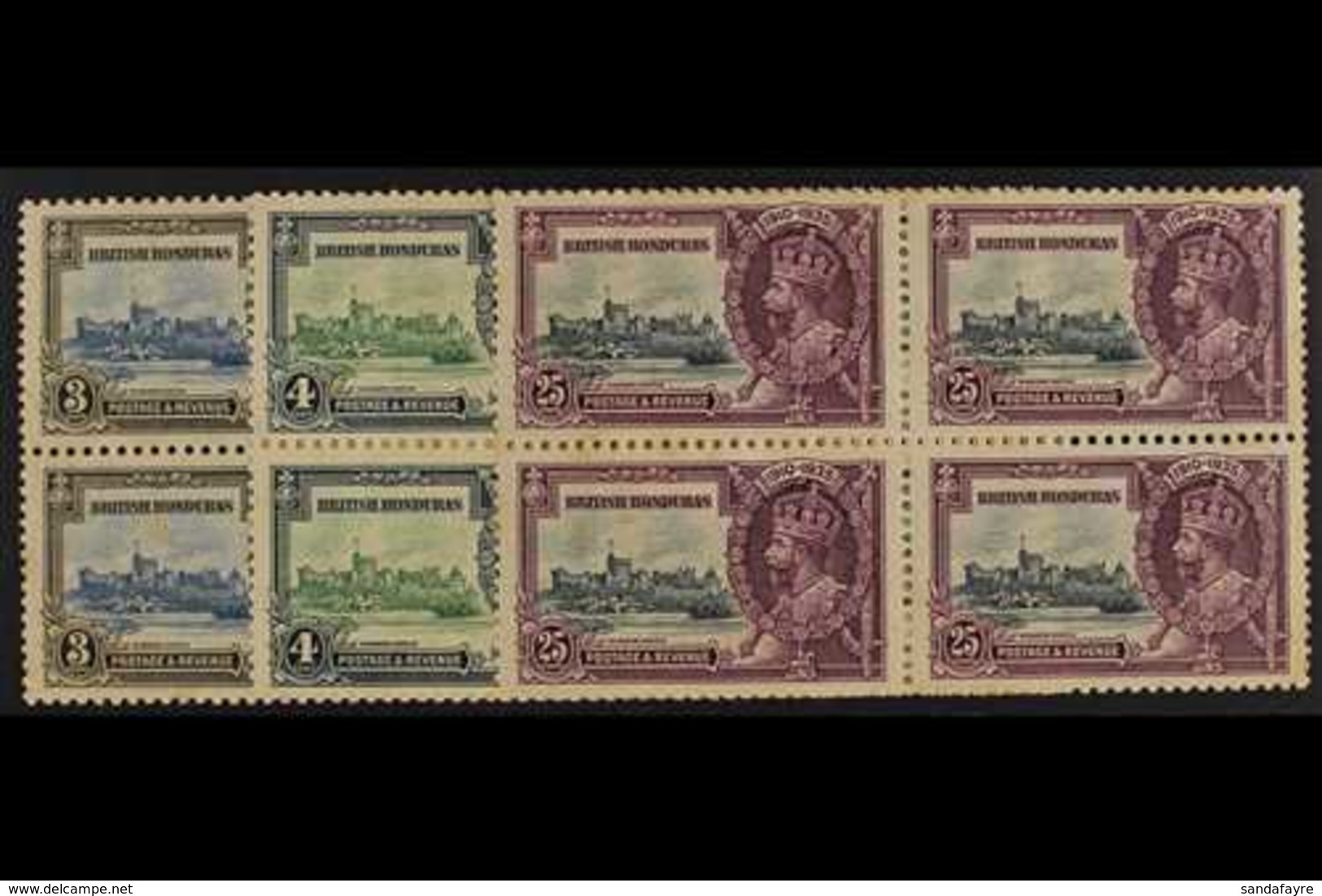 1935  3c, 4c And 25c Silver Jubilee, Mint Blocks Of 4 Showing The Variety "Extra Flagstaff", SG 143a, 144a, 146a, Toned  - Brits-Honduras (...-1970)