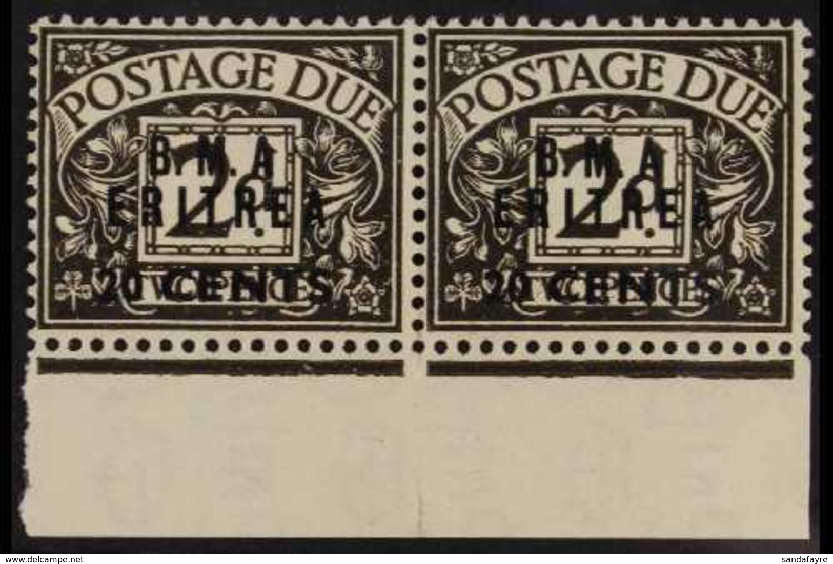 ERITREA  POSTAGE DUES 1948 20c On 2d Agate, Horizontal Pair Both Showing Variety "No Stop After A", SG ED 3a, Very Fine  - Italiaans Oost-Afrika