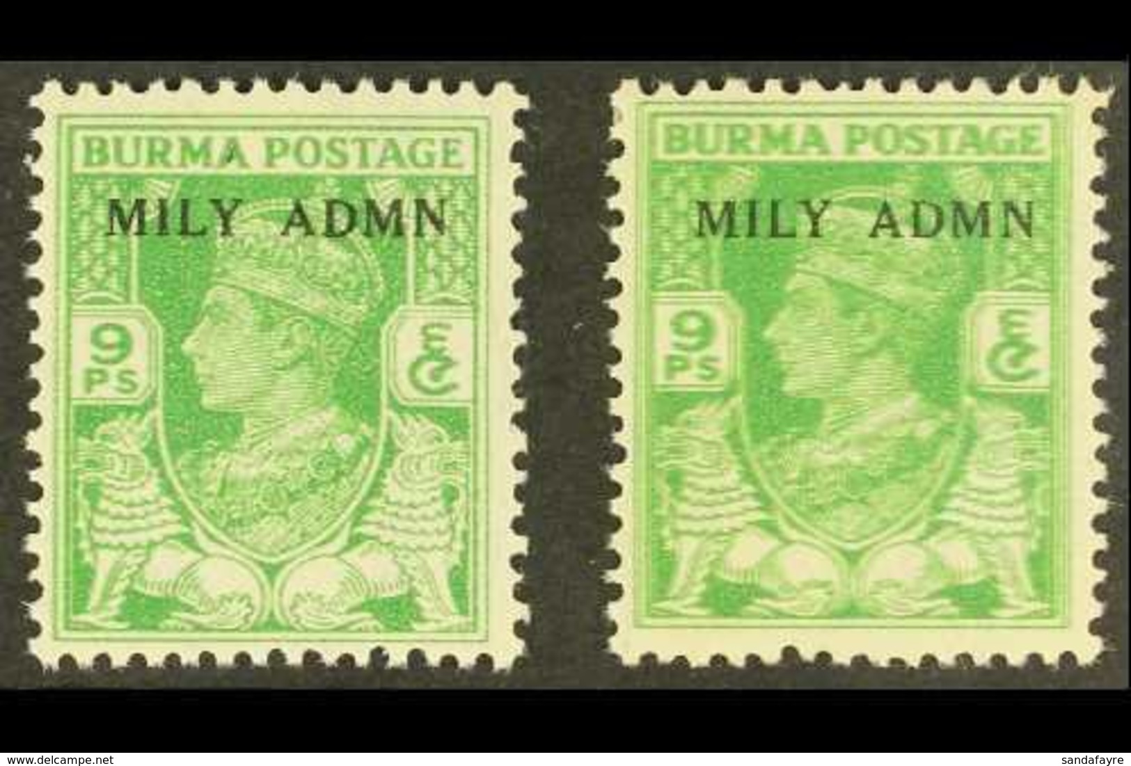 1945  9p Yellow- Green "Mily Admn" With STAMP PRINTED DOUBLE, SG 38 Variety, Never Hinged Mint, With A Normal For Compar - Birma (...-1947)