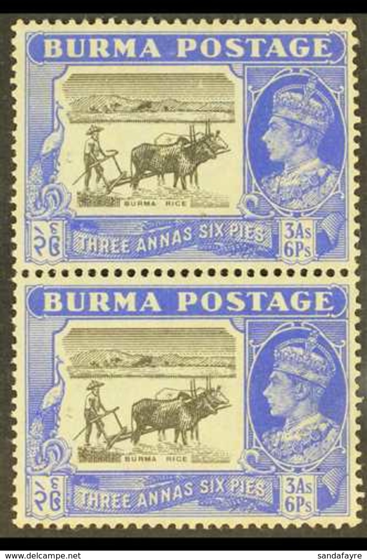 1946  3a6p Black And Ultramarine With CURVED PLOUGH HANDLE In Vertical Pair With Normal, SG 57ba+57b, Mint. For More Ima - Birma (...-1947)