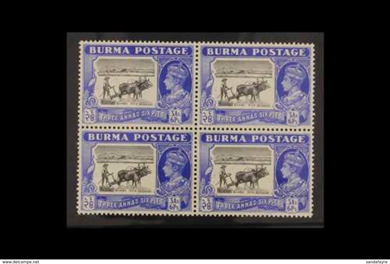 1946  Definitive 3a6p Black And Ultramarine, SG 57b, Never Hinged Mint Block Of Four Including "Curved Plough Handle" Va - Birma (...-1947)