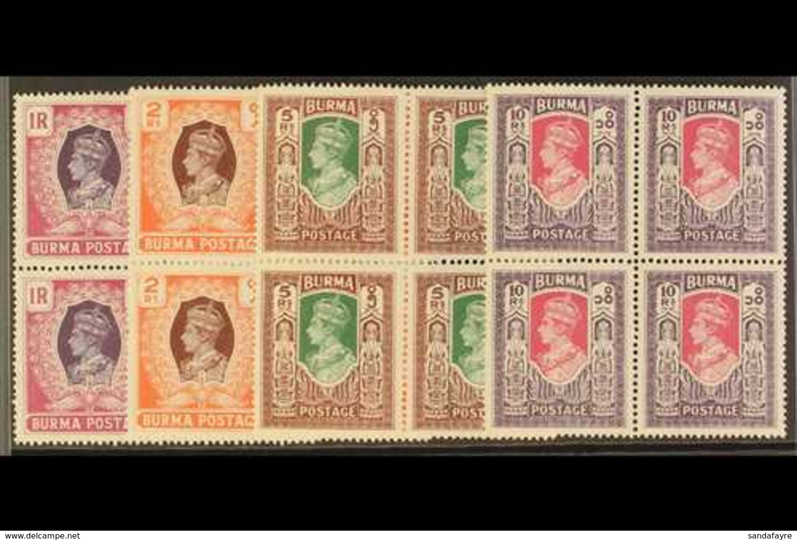 1946 RUPEE BLOCKS OF 4.  1r To 10r New Colour Set, SG 60/63, Top Stamps Are Very Fine Mint & Lower Stamps Are Never Hing - Birma (...-1947)