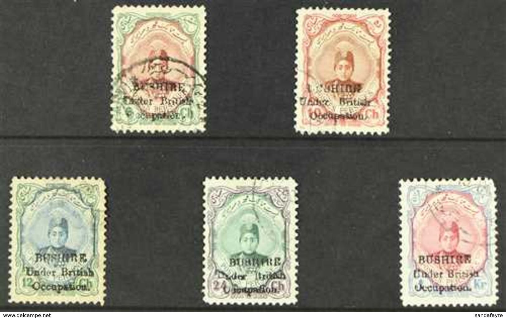 1915  USED SELECTION On A Stock Card That Includes 6ch Brown Lake & Green (SG 5), 10ch Brown & Carmine (SG 7), 12ch Blue - Iran