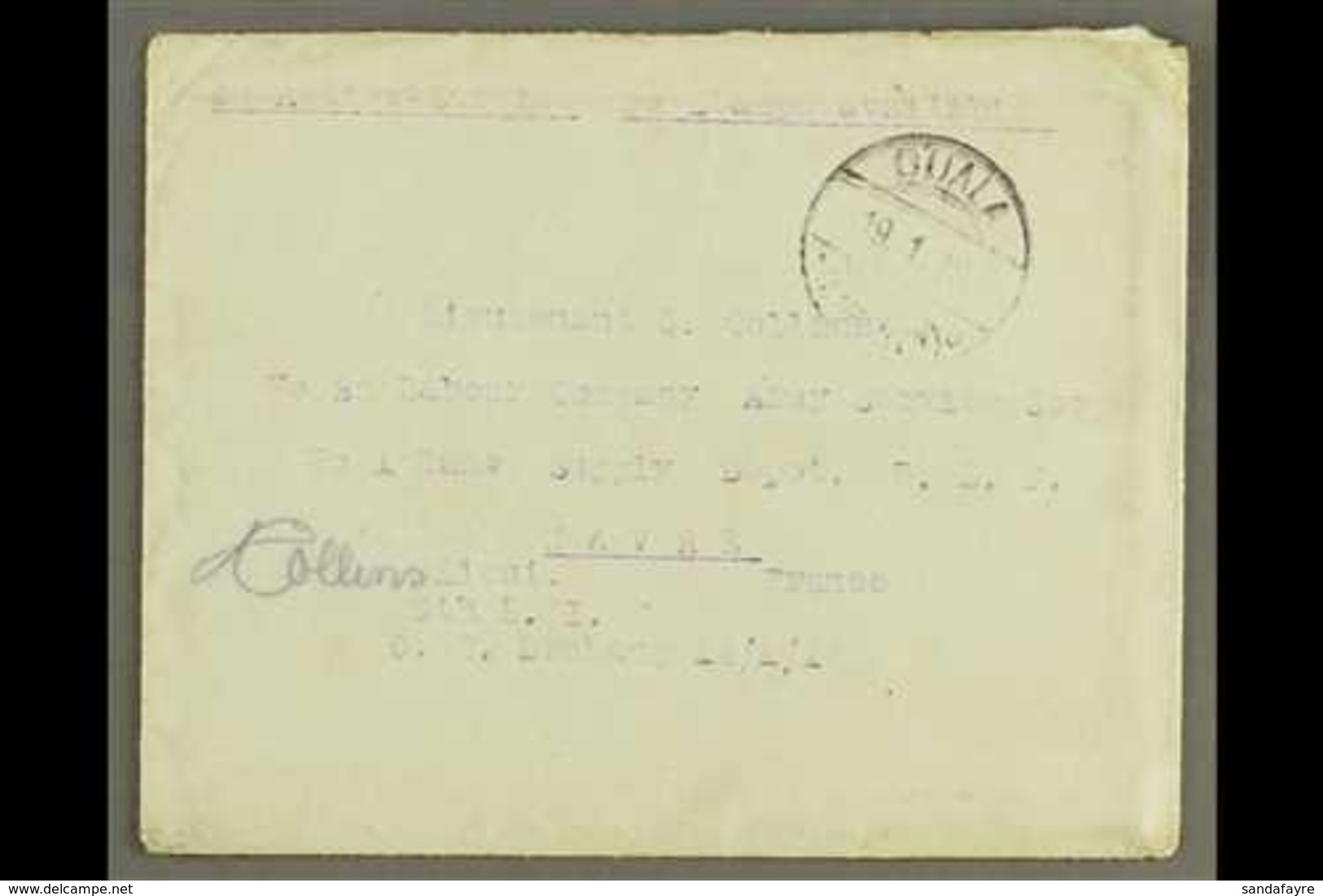 1916  (14 Jan) Stampless Env To France Endorsed "On Active Service / No Stamps Available" Sent By Lieut Collins (5th Lig - Autres & Non Classés