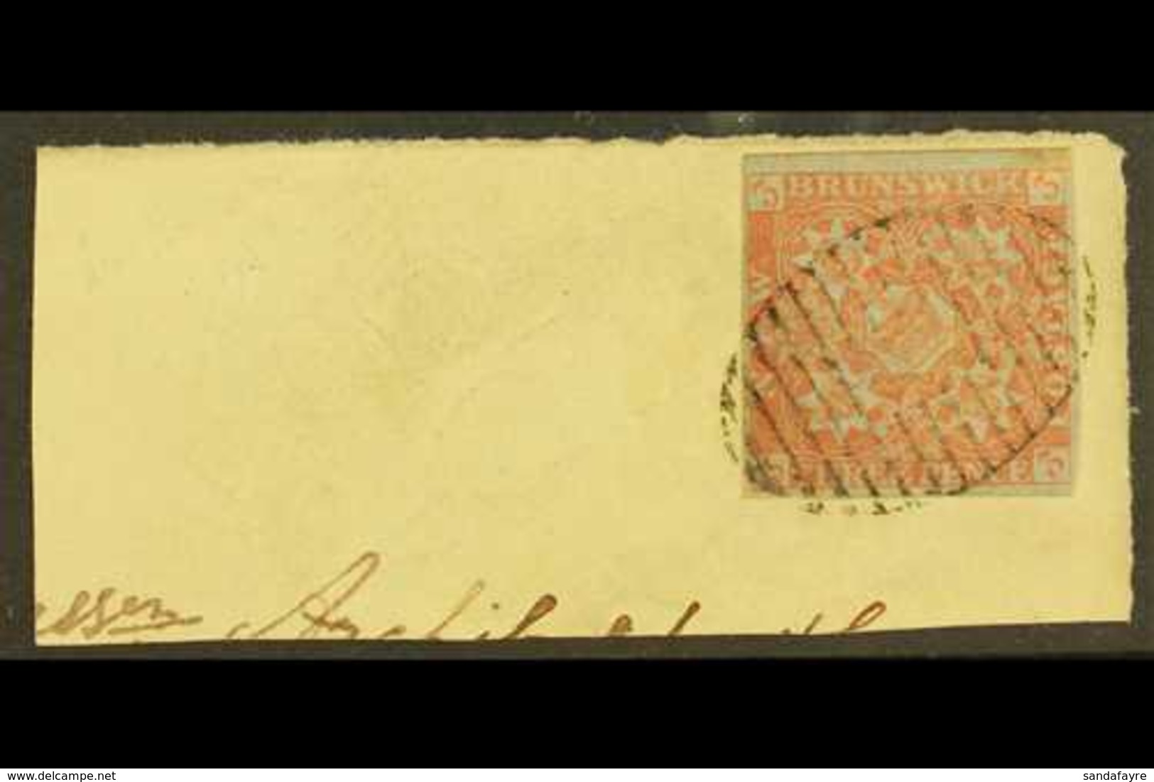 1851  3d Dull Red, SG 2, Used With 4 Neat Margins Tied To Large Piece By Full Barred Oval Cancellation. An Impressive It - Otros & Sin Clasificación