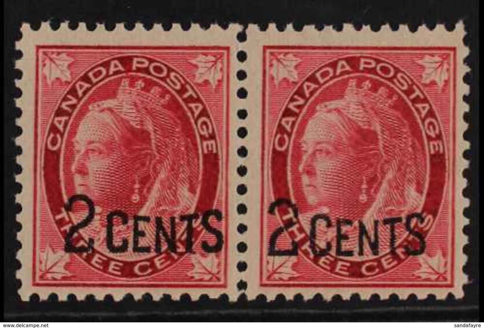 1899  2c On 3c Carmine 'Maple Leaf' Surcharge NARROW SPACING HORIZONTAL PAIR, Unitrade 87ii, Never Hinged Mint, Very Fre - Autres & Non Classés