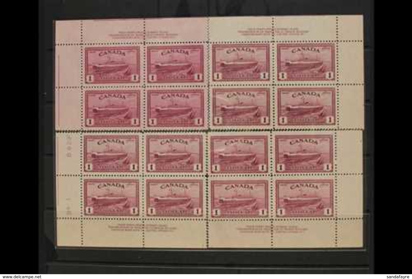 1946  $1 Purple Train Ferry, SG 406, Plate 1 Plate, Corner Inscription Blocks For All 4 Corners. Couple Stained Perf Tip - Autres & Non Classés