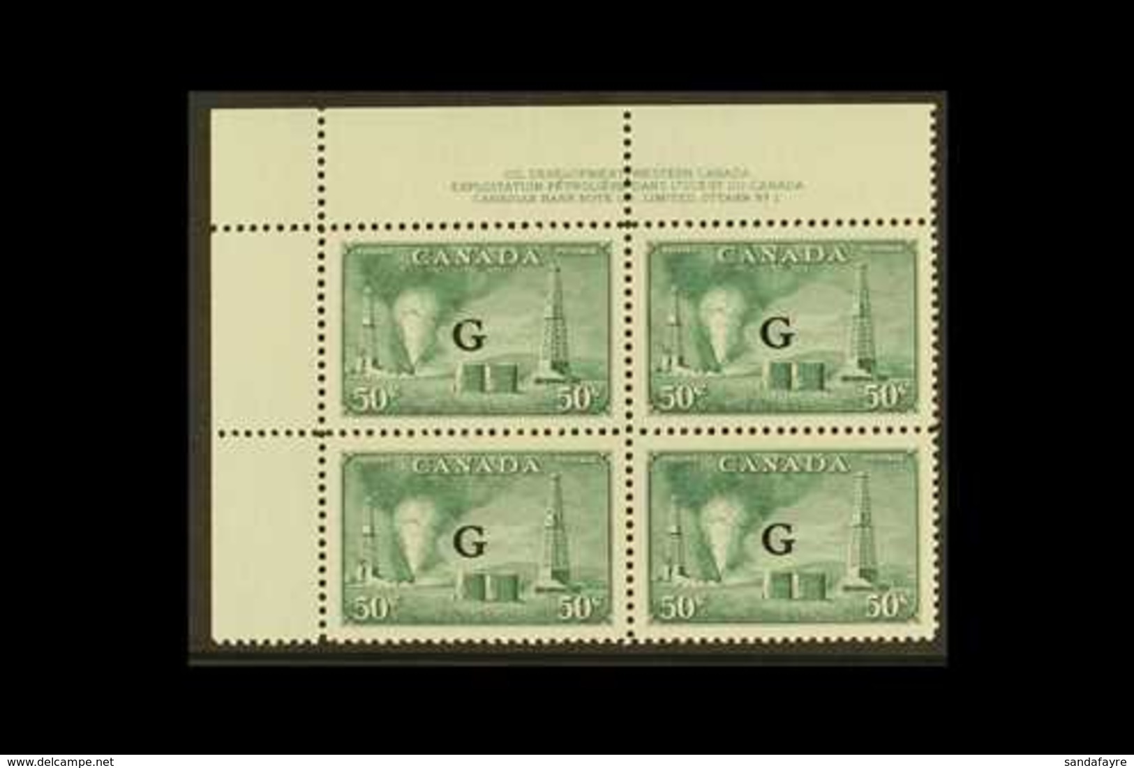 OFFICIAL  1950-52 50c Green Oil Wells With "G" Overprint, SG O188, Top Left Hand Corner PLATE BLOCK Of Four With Control - Andere & Zonder Classificatie