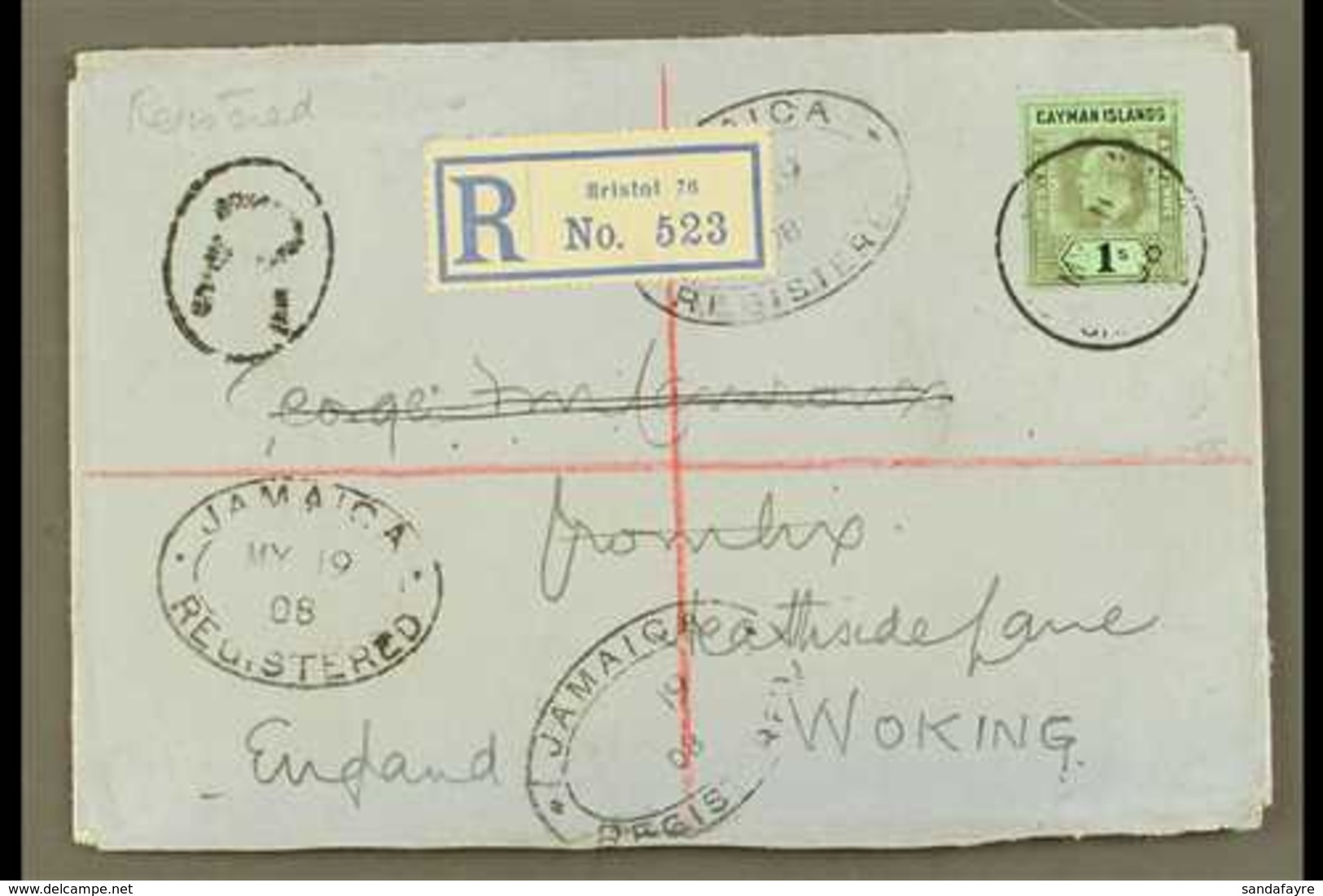 1908  (11 May) Registered Cover To England, Bearing 1907-09 1s Wmk CA Stamp (SG 33) Tied By Cds Cancel, With Registratio - Iles Caïmans