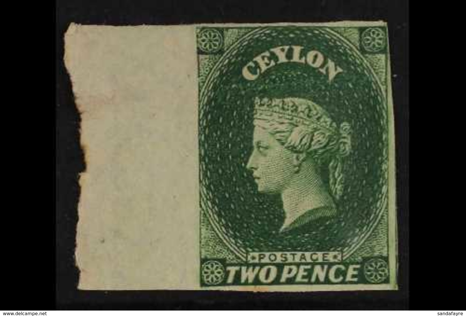 1857-59  2d Green, SG 3, Superb Unused No Gum Left Marginal Example, Four Margins, Very Fresh & Attractive. For More Ima - Ceylan (...-1947)