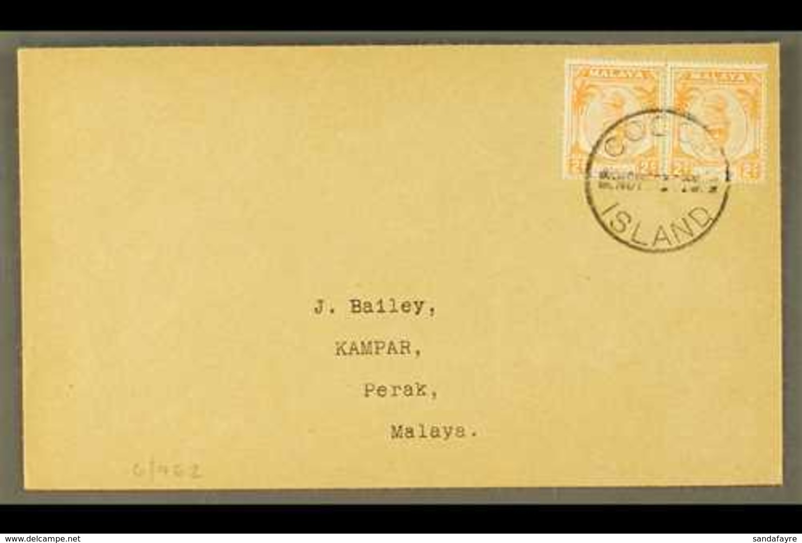 1950  (Nov) neat Envelope To Perak Bearing Perak 2c Orange (SG 129) Pair Tied By COCOS ISLAND Cds. For More Images, Plea - Cocos (Keeling) Islands