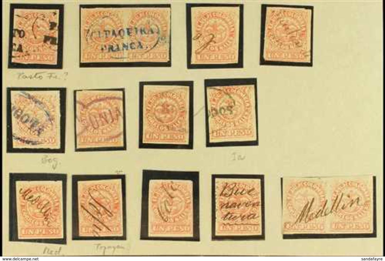 1868  1p Rose Red Type I (Scott 57b, SG 56) - Fifteen Used Examples Incl Two Pairs Wit Postmark Interest Such As Oval "P - Colombie