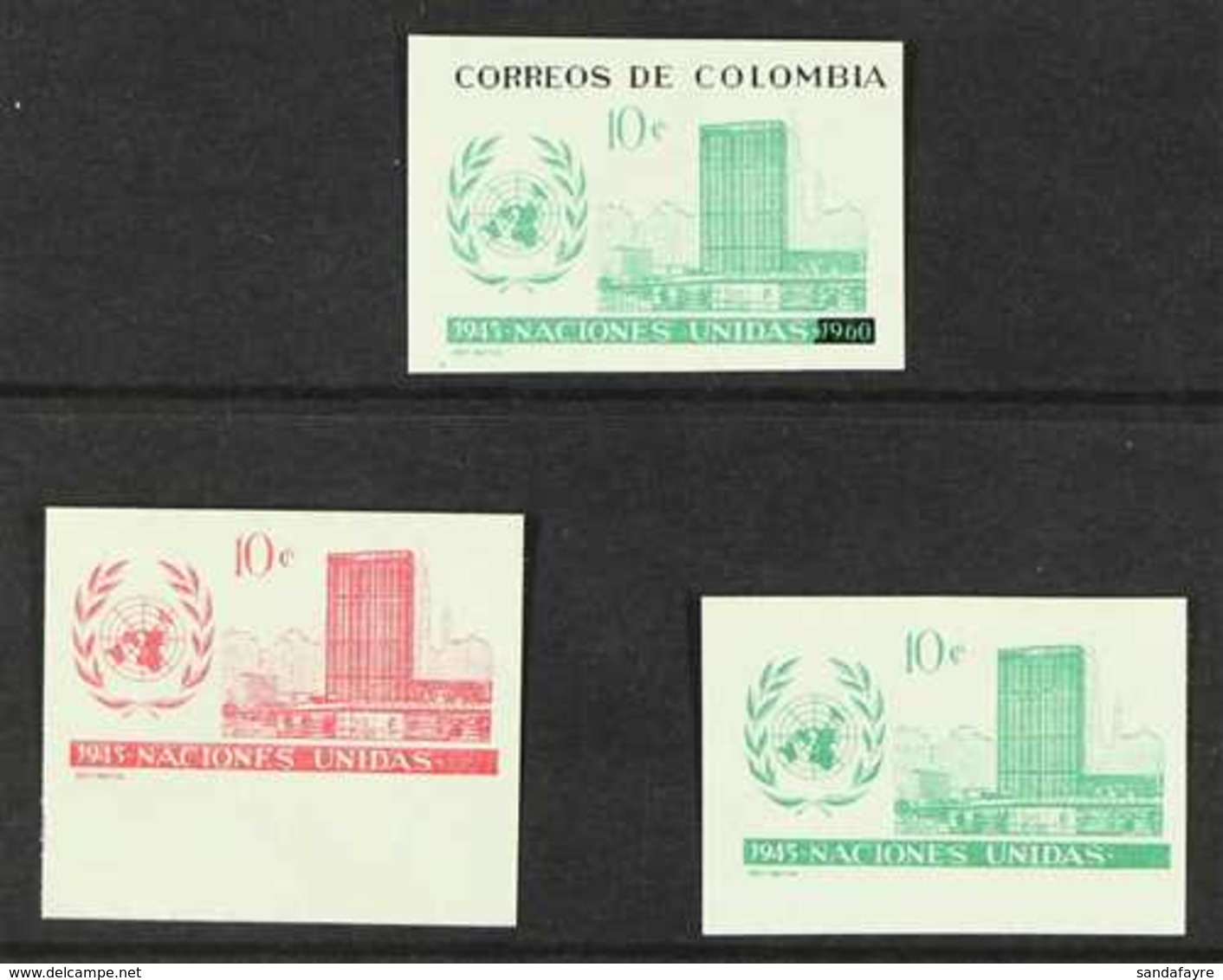 1960 IMPERF PROOFS  United Nations 10c Printed In Green Only, 10c Printed In Pink Only And 10c Green & Black With Differ - Colombia