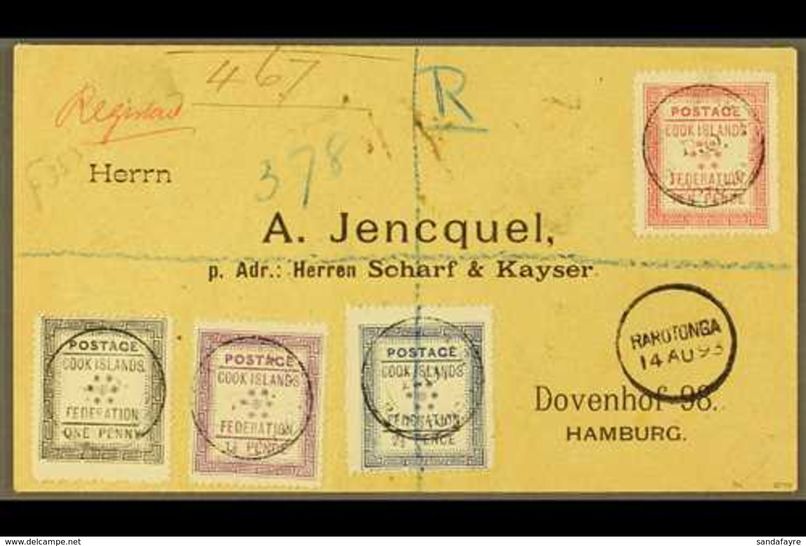 1893  (14th August) Rare Envelope Registered To Germany, Bearing The 1892 Set Of Four, SG 1/4, Tied By Black Cook Island - Cook Islands