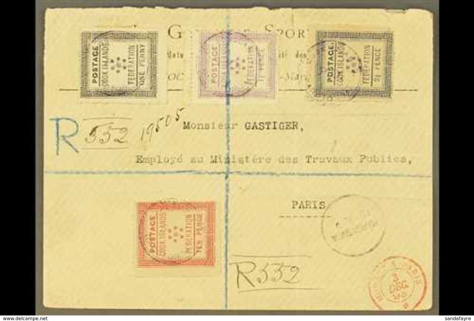 1893  (15th October) Rare Envelope Registered To Paris, Bearing 1892 Set Of Four Tied By Violet Cook Islands P O Raroton - Cookeilanden