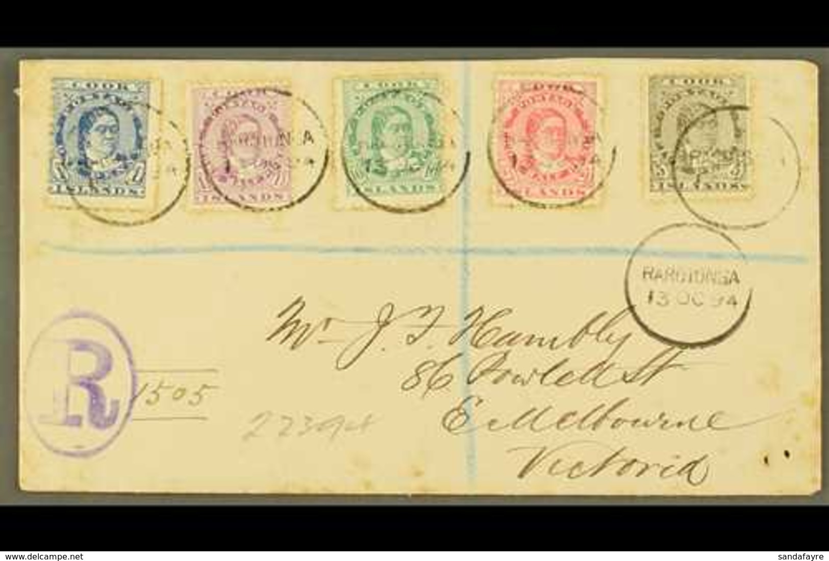1894  (13th October) Envelope Registered To Victoria, Bearing Queen Makea Takau 1d Blue, 1½d, 2½d, 5d And 10d, Each Tied - Cookeilanden