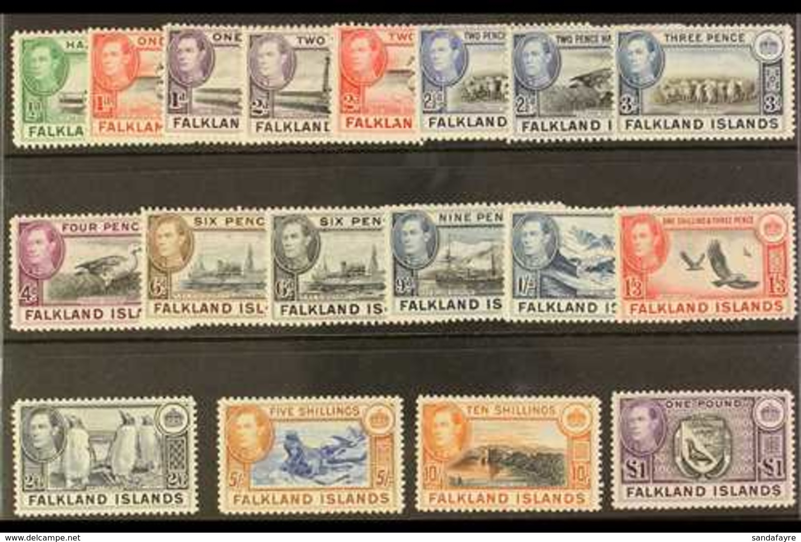 1938-50  KGVI Pictorial Definitives Complete Set, SG 146/63, Very Fine Mint. (18 Stamps) For More Images, Please Visit H - Falklandeilanden