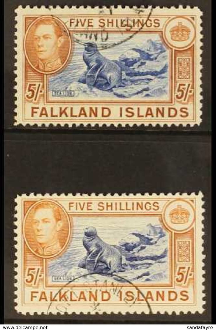 1938-50  KGVI 5s Blue & Chestnut, SG 161 & 5s Indigo & Pale Yellow Brown, SG 161b, Very Fine, Cds Used (2 Stamps) For Mo - Falklandeilanden