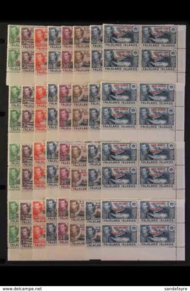 1944-45  Overprinted Sets For All Four Dependencies, SG A1/D8, In Matching Lower Right CORNER BLOCKS OF FOUR, Superb Nev - Falkland