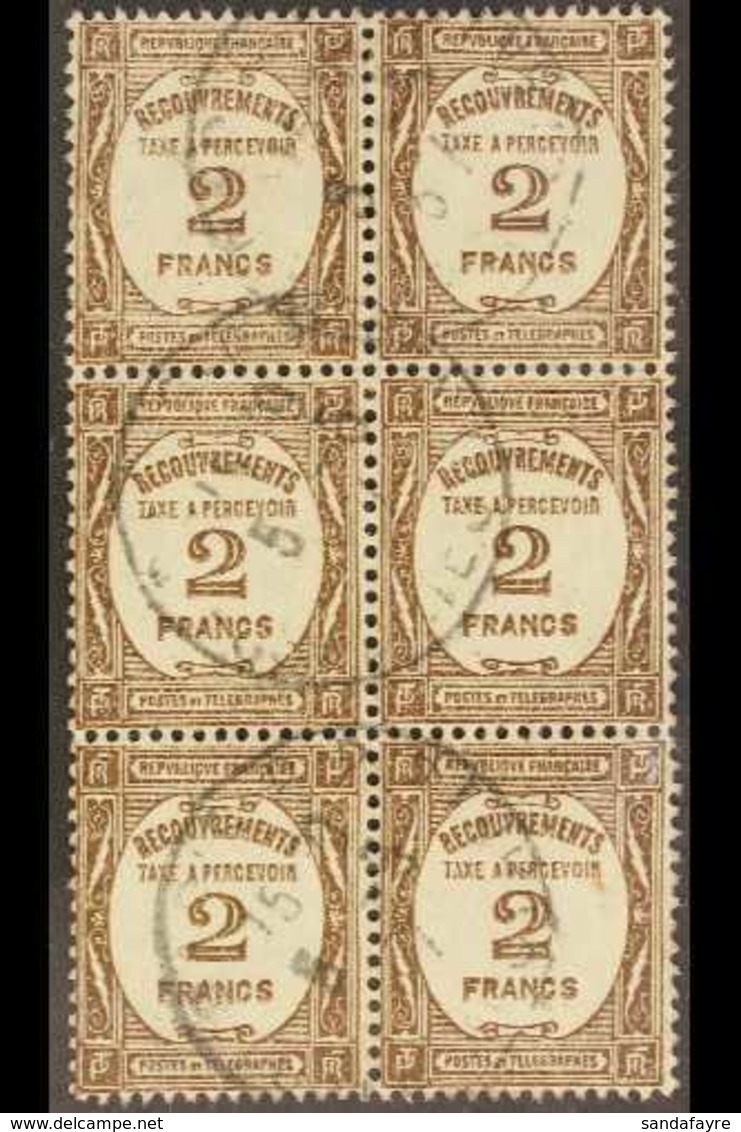 POSTAGE DUES  1927-31 2f Bistre-brown (Yvert 62, SG D461), Fine Cds Used BLOCK Of 6, Fresh & Scarce. (6 Stamps) For More - Autres & Non Classés