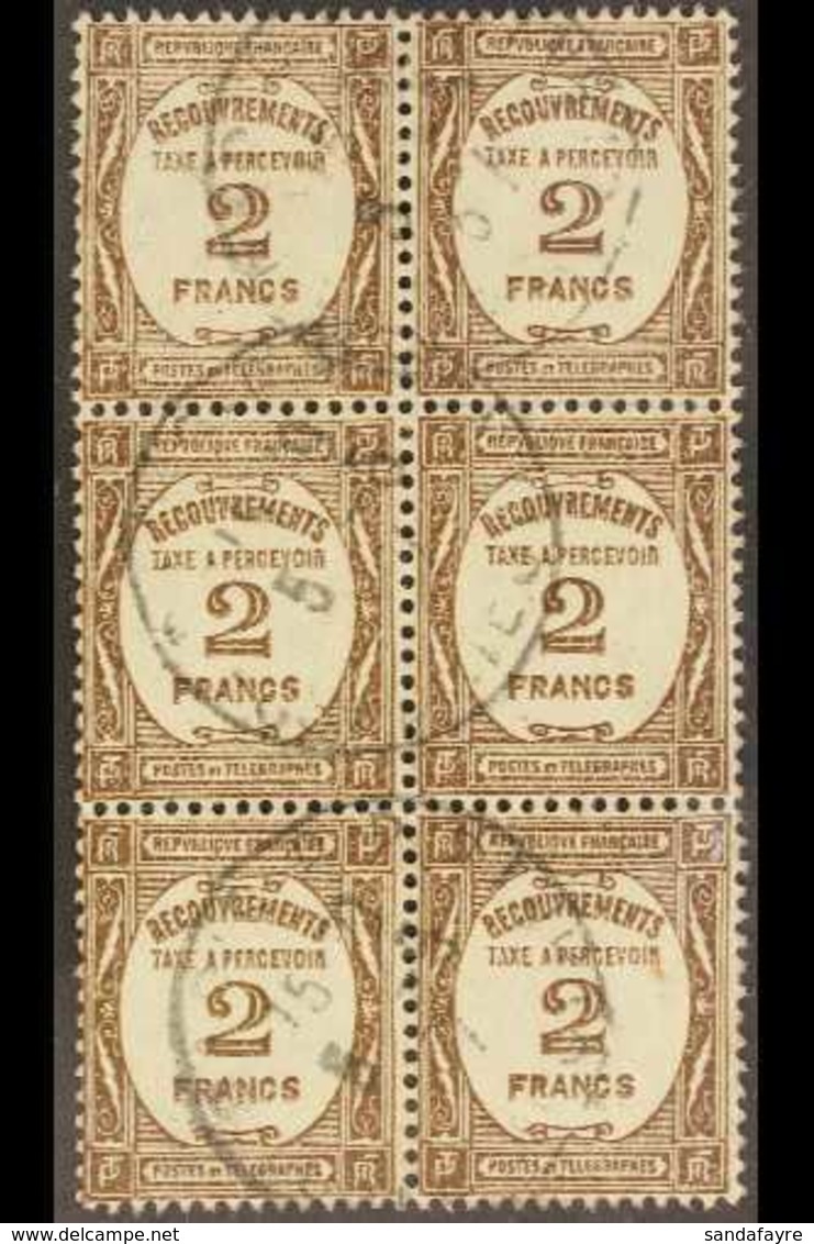 POSTAGE DUES  1927-31 2f Bistre-brown (Yvert 62, SG D461), Fine Cds Used BLOCK Of 6, Fresh & Scarce. (6 Stamps) For More - Other & Unclassified